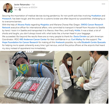 LinkedIn post from Dr. Javier Retamales showing him traveling and in his clinic.